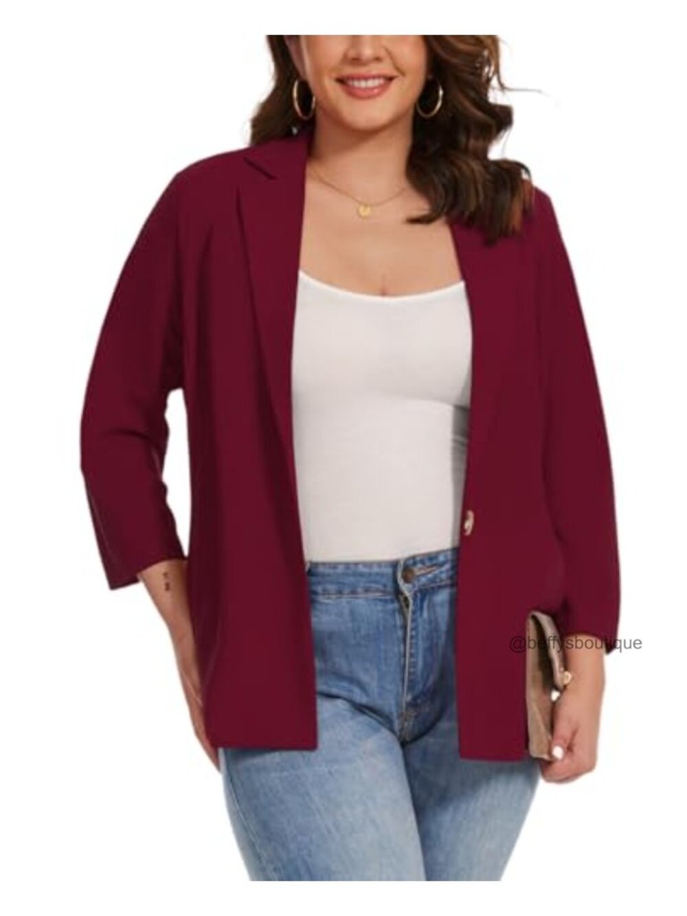 Plus Size Blazer 3/4 Sleeve Notched Collar Button Jacket Business Casual